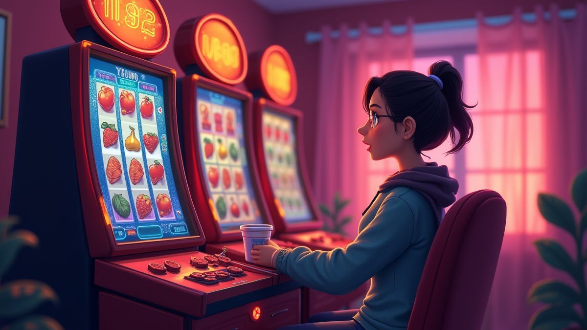 Jugador casual disfrutando de una máquina tragamonedas en un ambiente acogedor