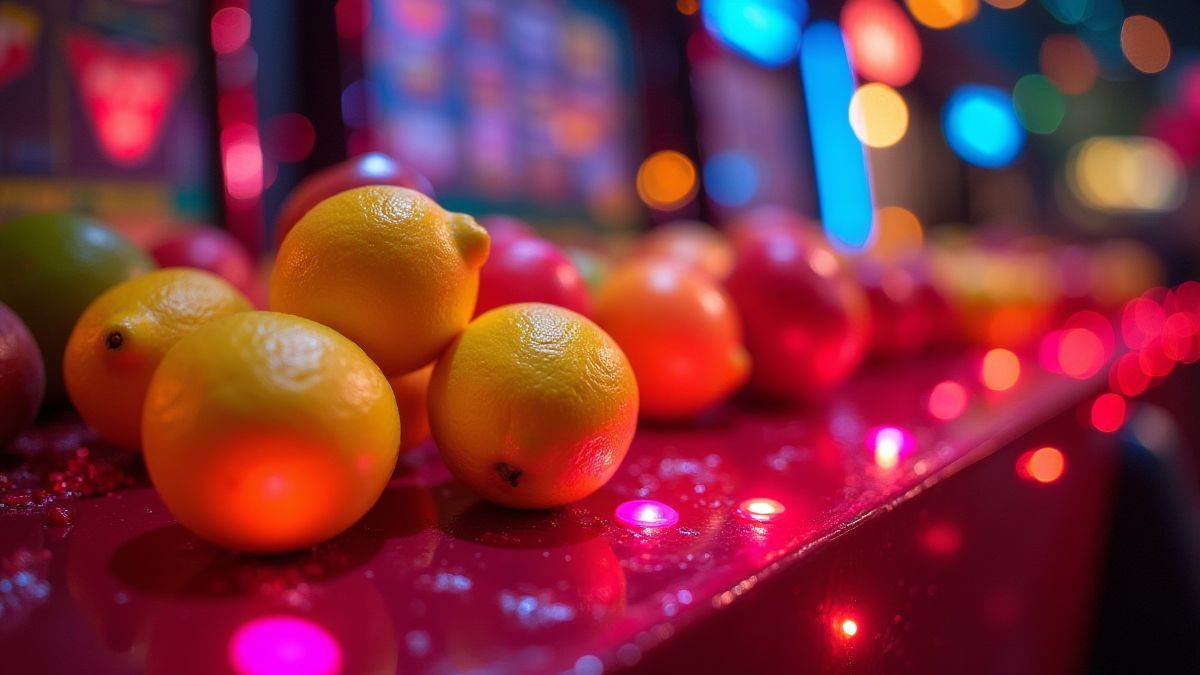 Vibrant fruits under neon lights in a casino.