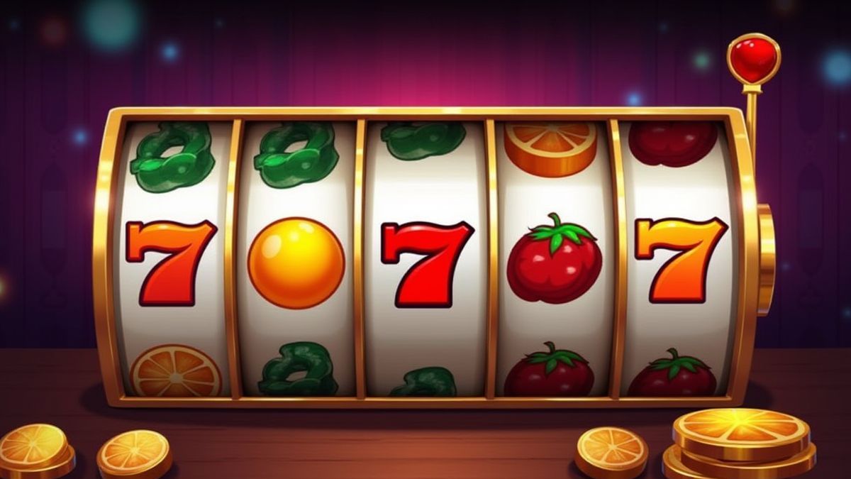 Casino interface with fruit symbols spinning on the reels.