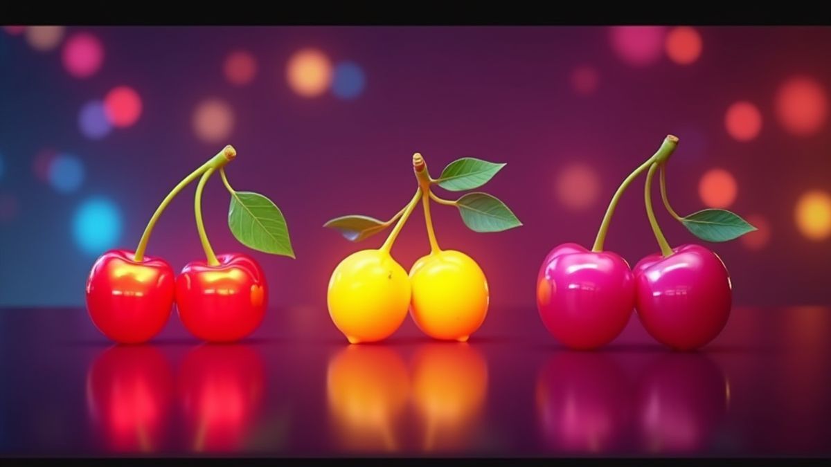 Vibrant fruits in a retro arcade setting.