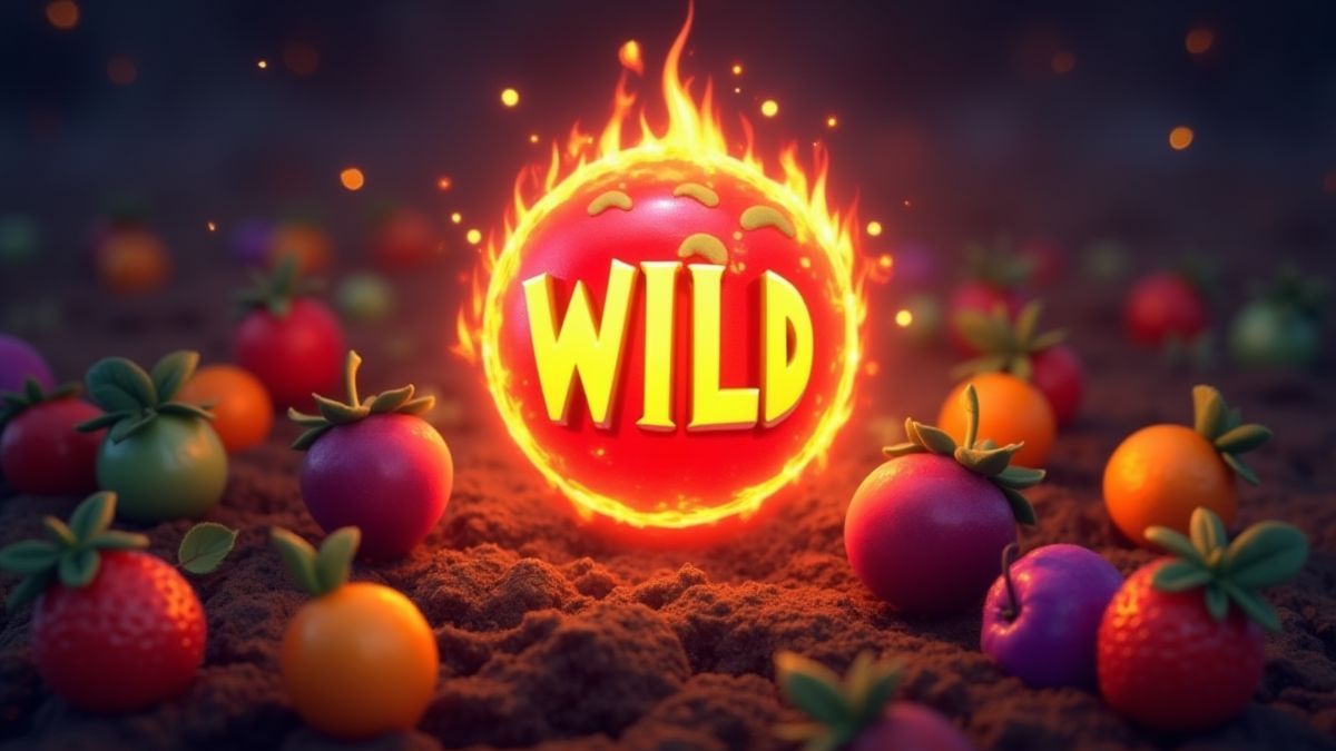Wild symbol surrounded by bright fruits in a magical environment.
