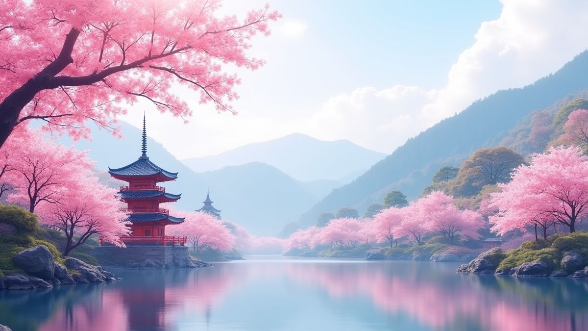 Oriental landscape with cherry blossoms and pagodas.