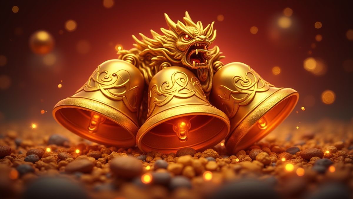 Golden bells and dragons glowing on a slot screen.