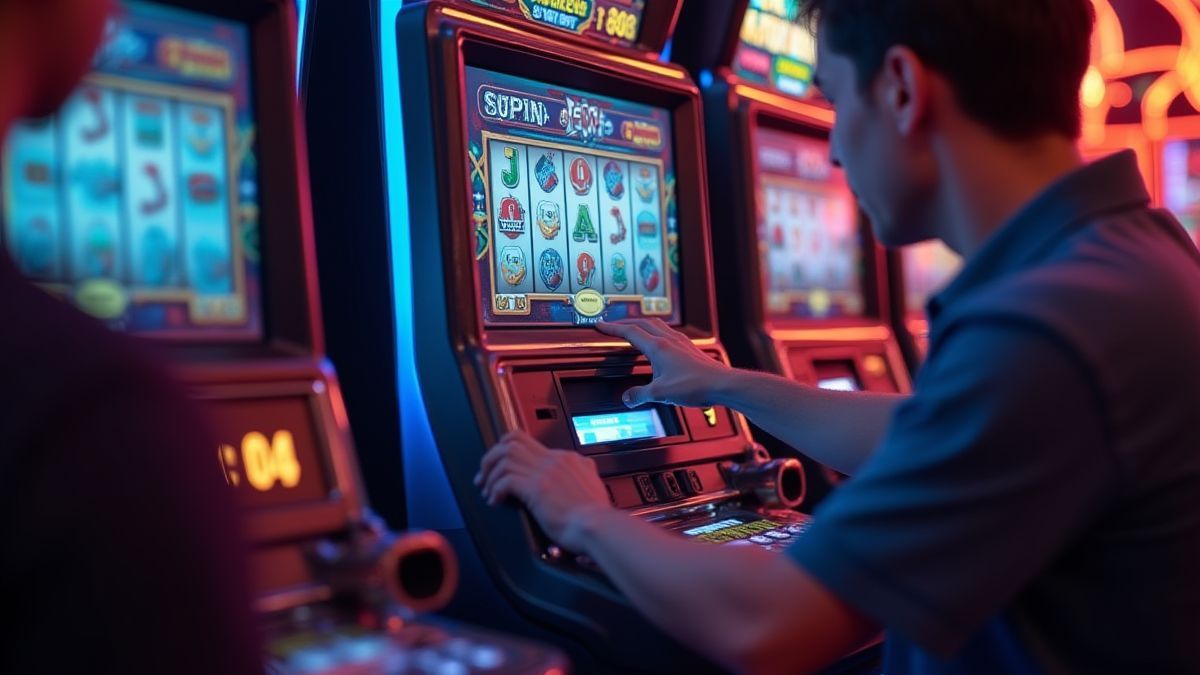 Player interacting with a slot machine interface.