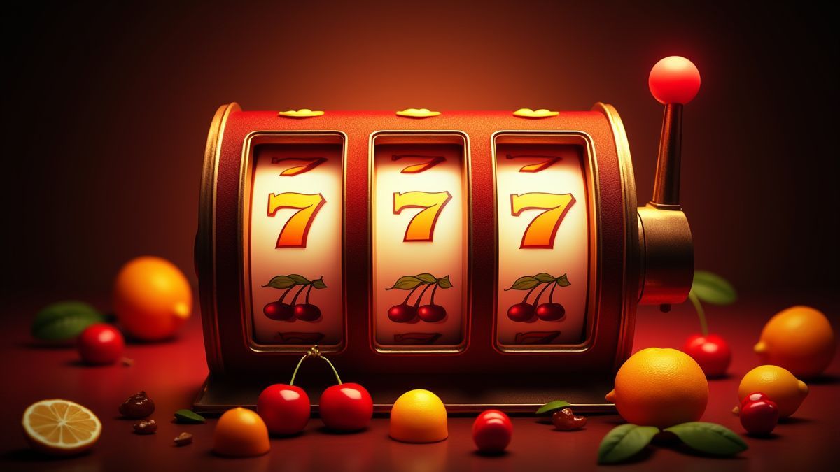 Retro slot machine surrounded by glowing fruits.