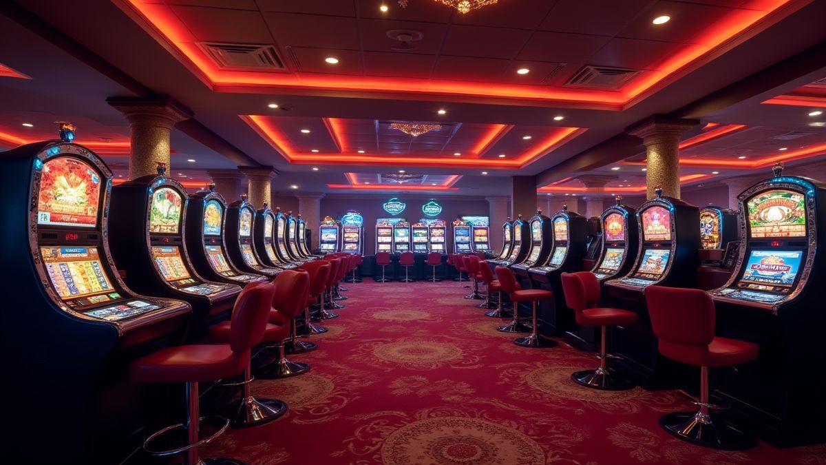 Online casino lobby with bright screens.