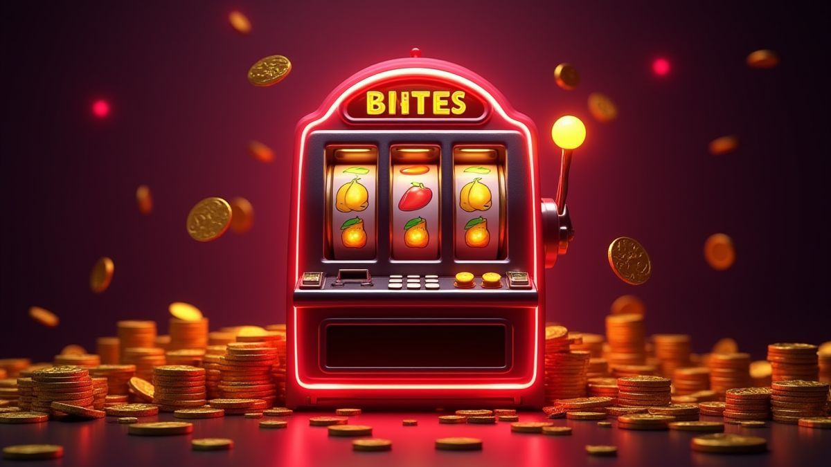 Frucht-Themen-Spielautomat mit Neonlichtern und goldenen Münzen.