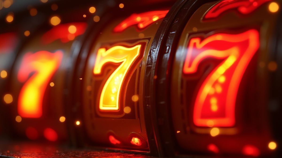 Leuchtende Kirschen und goldene Siebenen, die auf einem Spielautomaten mit Funken blitzen.