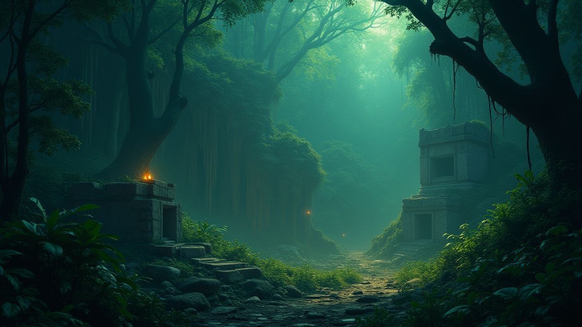 Ancient ruins in a jungle with glowing artifacts.