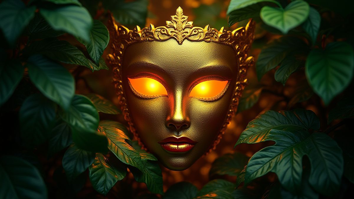 A golden mask surrounded by vines and bright light.