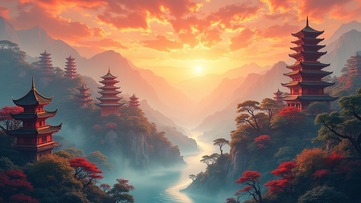 Paisaje asiático vibrante con templos y criaturas místicas como el Rey Mono.