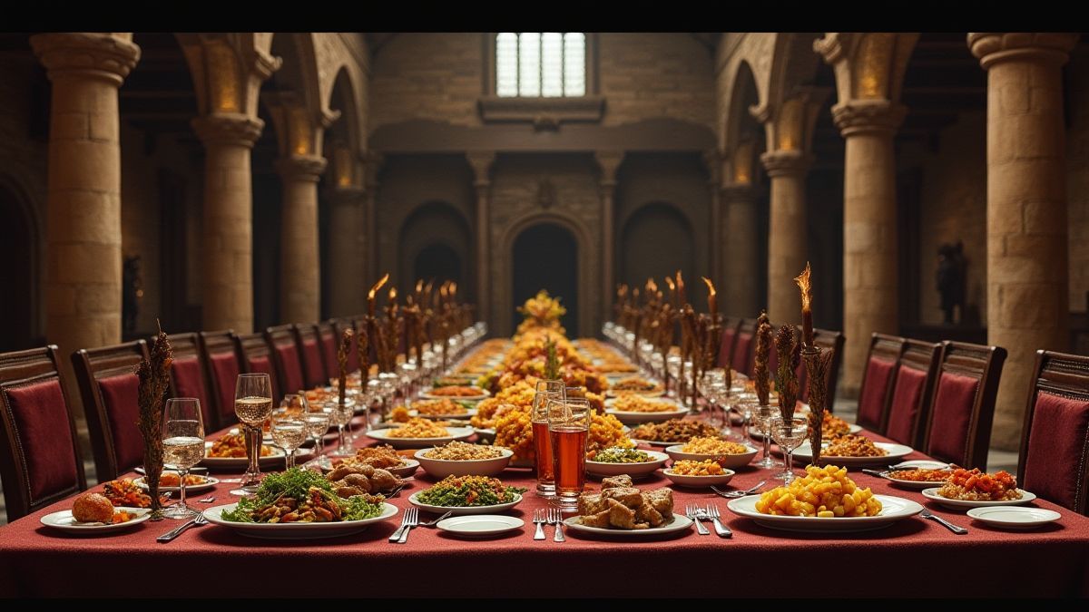 Mittelalterlicher Banketttisch in einer Schloss-Halle.