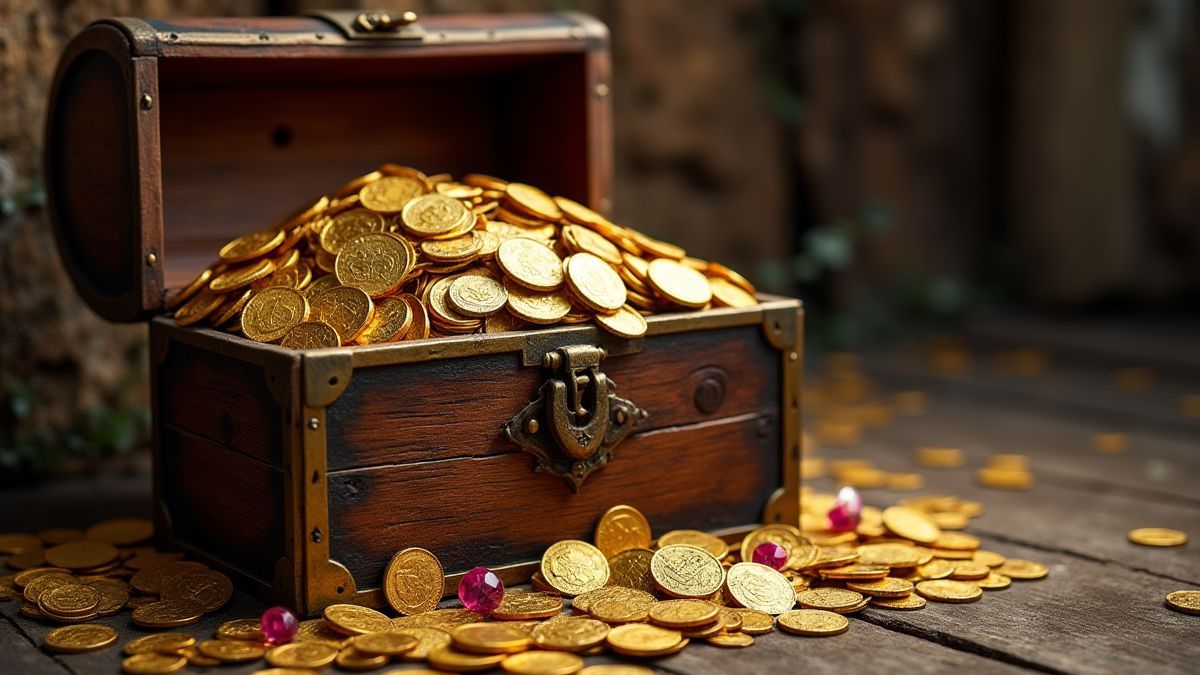 Ein Schatztruhen voller Goldmünzen und Juwelen in einer mittelalterlichen Umgebung.