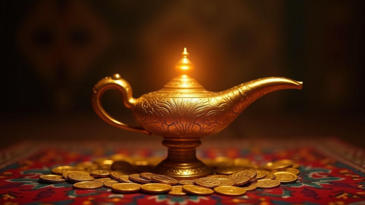Magic lamp surrounded by gold coins.