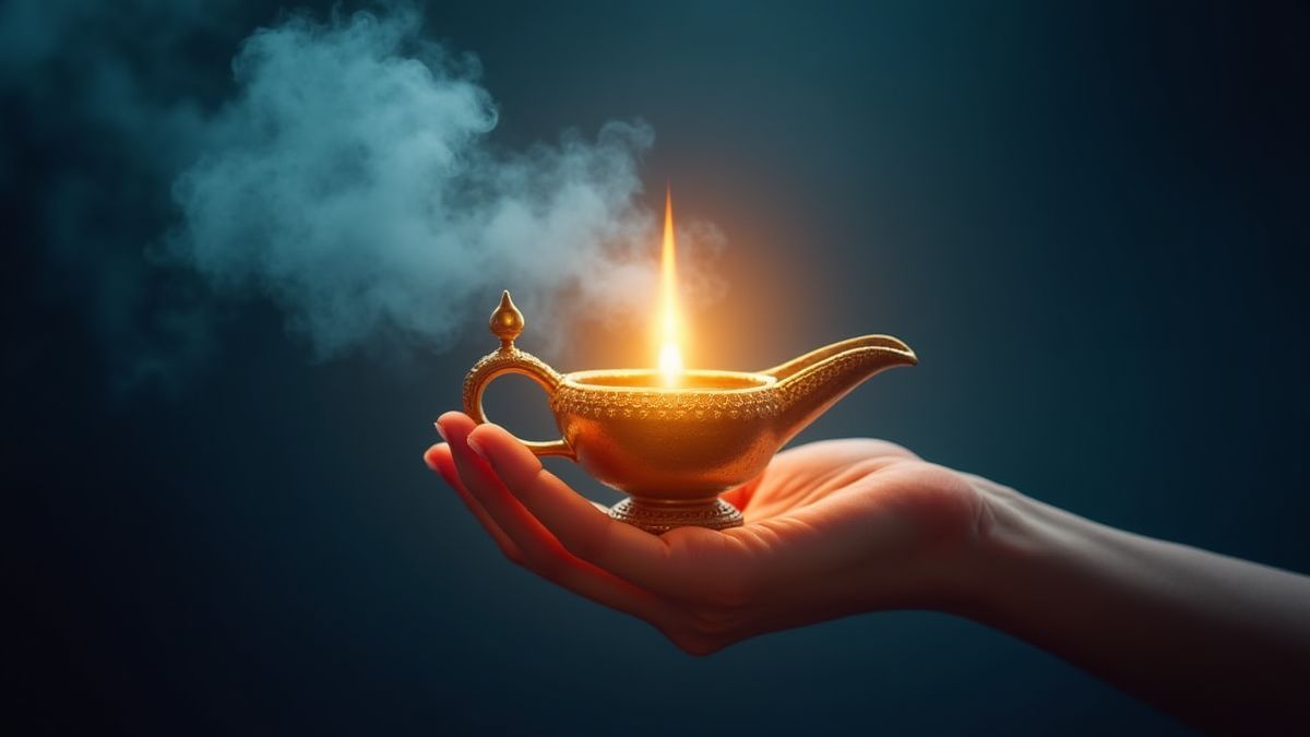 Hand holding a magic lamp with a genie appearing.