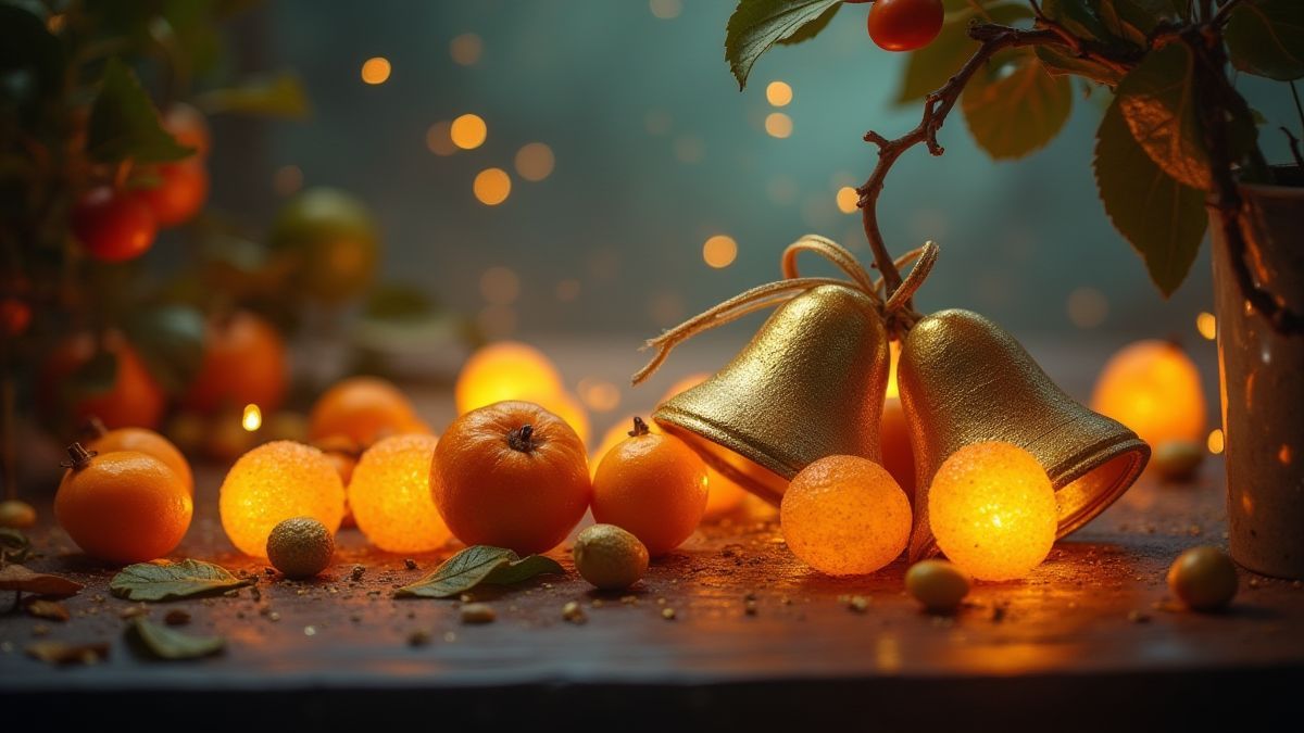 Campanas doradas y frutas brillantes en un entorno mágico.