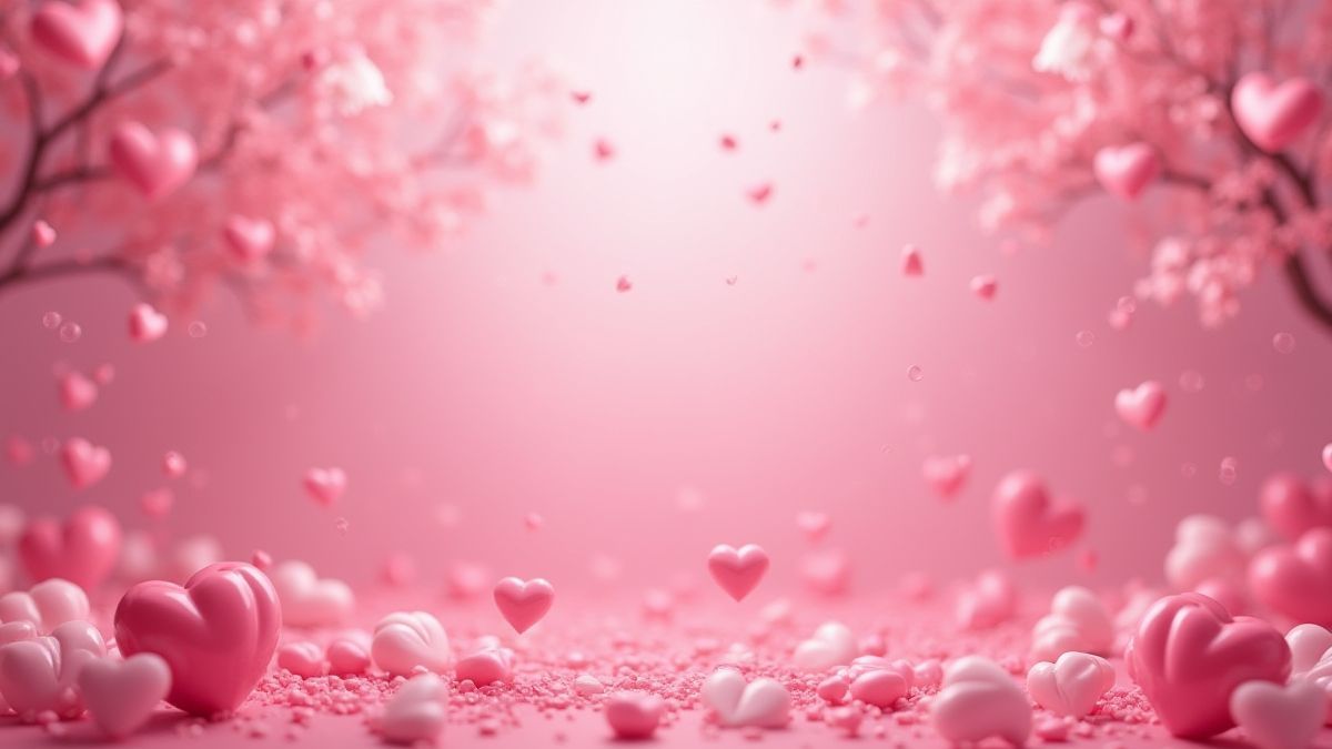 Diseño romántico con corazones y colores pastel.