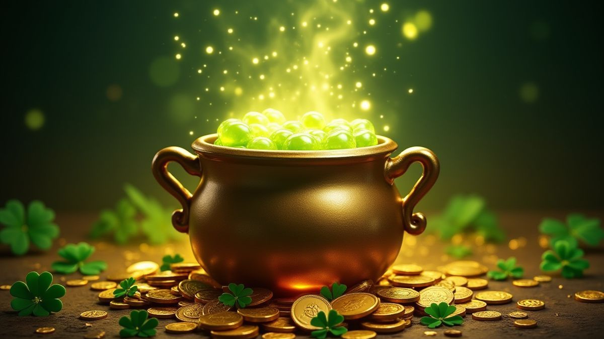 Un chaudron doré bouillonnant rempli de potions magiques entouré de trèfles brillants et de pièces.