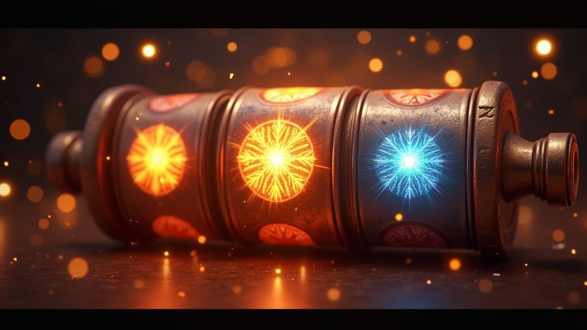 Symboles Scatter brillant intensément sur des rouleaux magiques entourés d'éclats dorés.