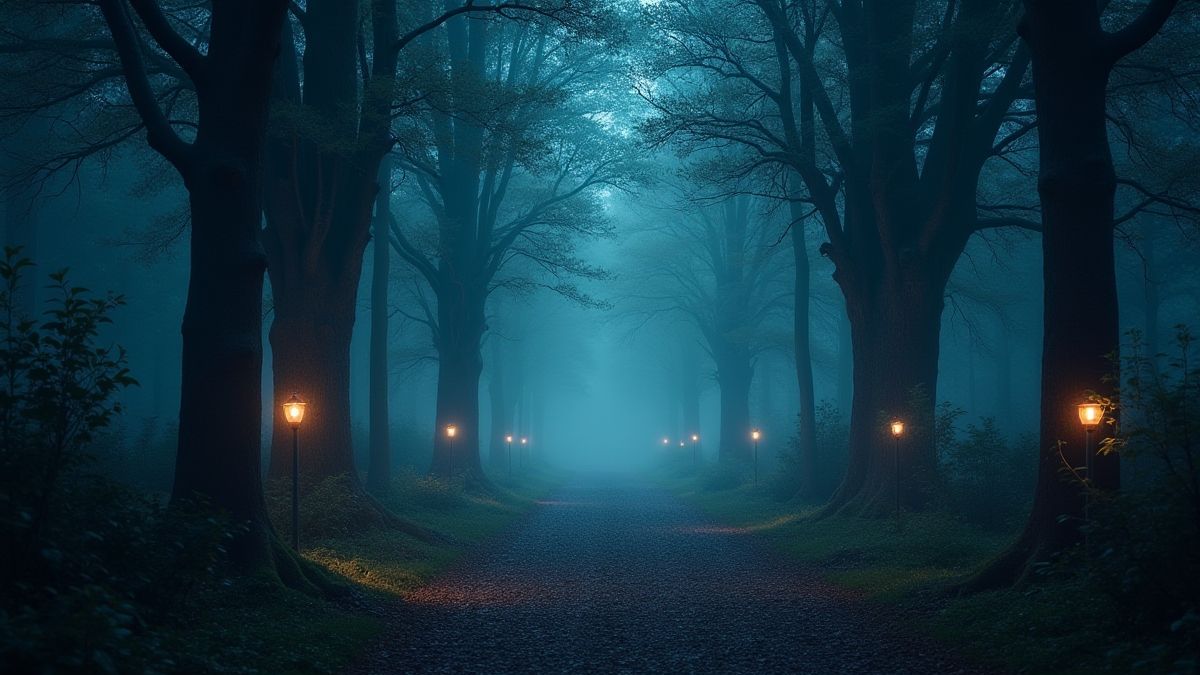 Un bosque mágico con árboles brillantes y ambiente encantado.