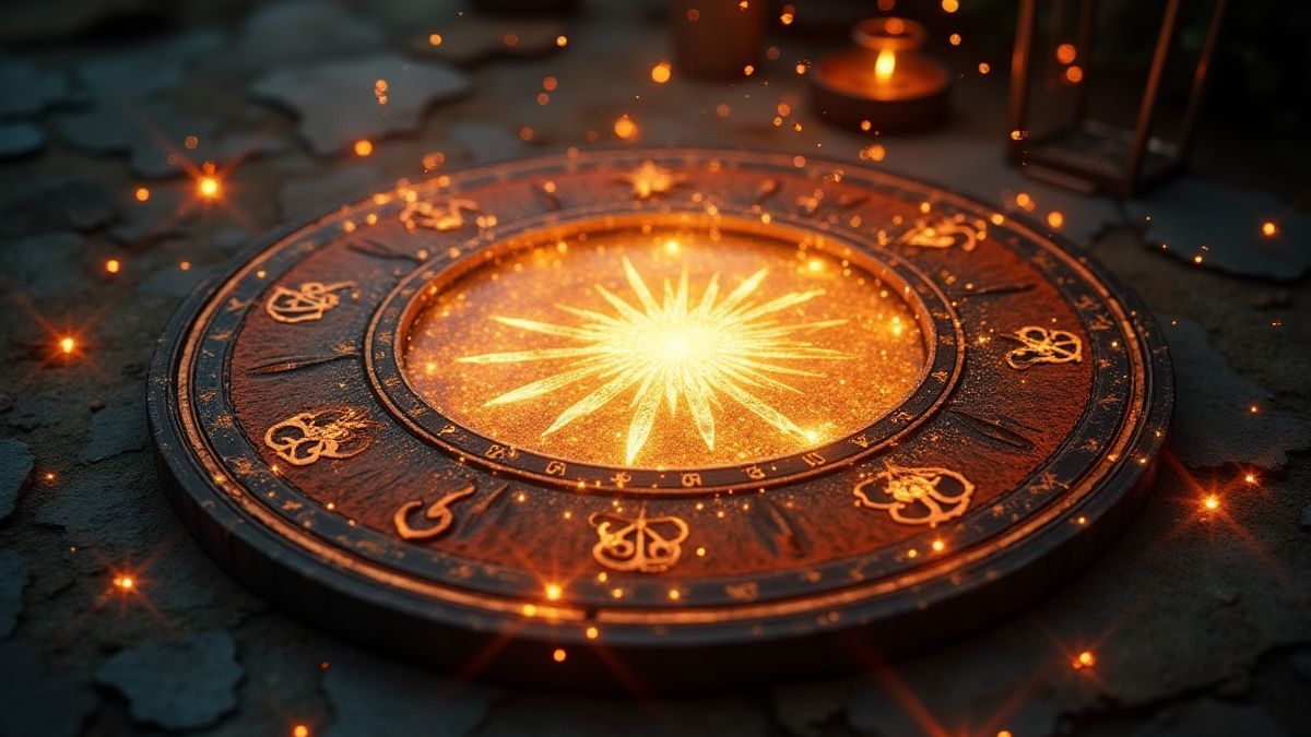 Un espejo brillante rodeado de luces mágicas y símbolos antiguos en un entorno de cuento.