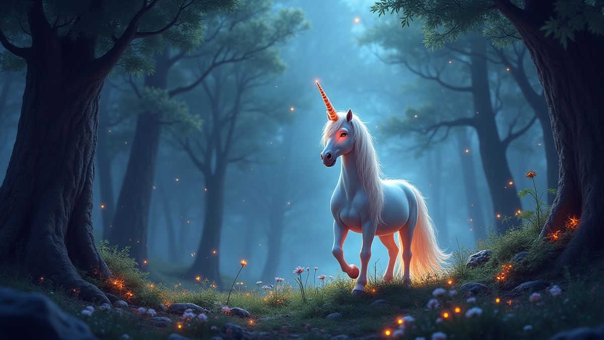 Un unicornio brillante en un entorno de bosque encantado.