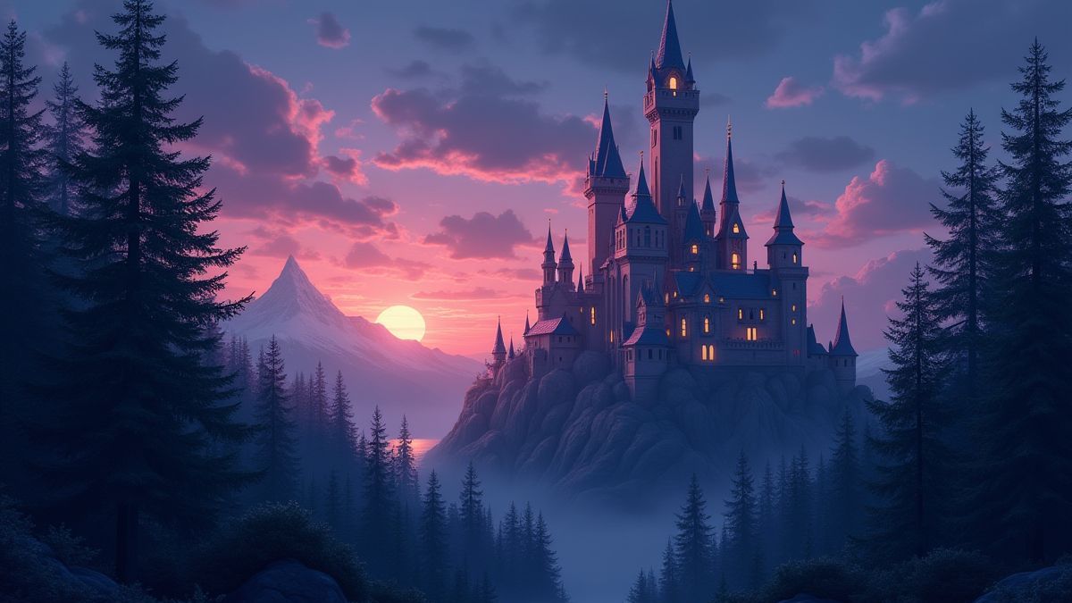 Un château enchanté entouré d'arbres avec un ciel crépusculaire.