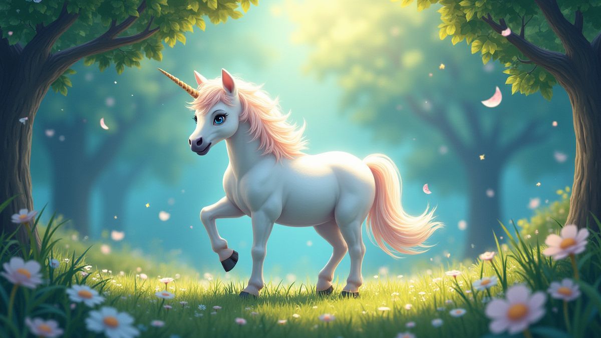 Une licorne dans une clairière magique avec des éclats de lumière.