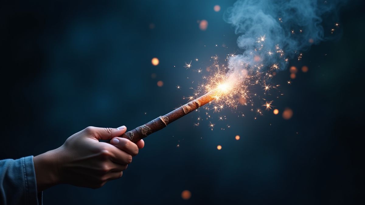 A magic wand surrounded by sparkles.