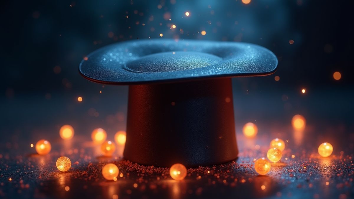 Sombrero de mago rodeado de orbes brilhantes e destellos mágicos.