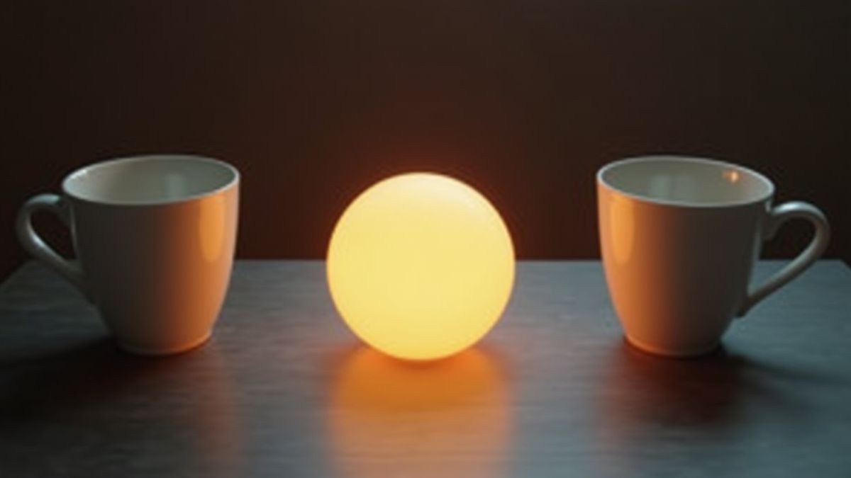 Três copas em uma mesa com uma bola brilhante sob uma delas.