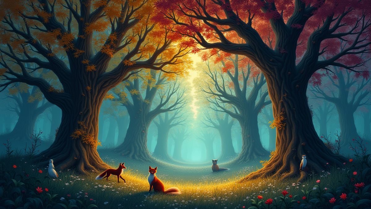 Bosque mágico lleno de criaturas místicas como zorros y búhos.