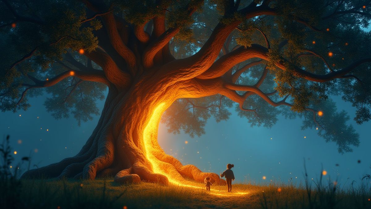 Primer plano de un roble mágico brillante con criaturas místicas alrededor.