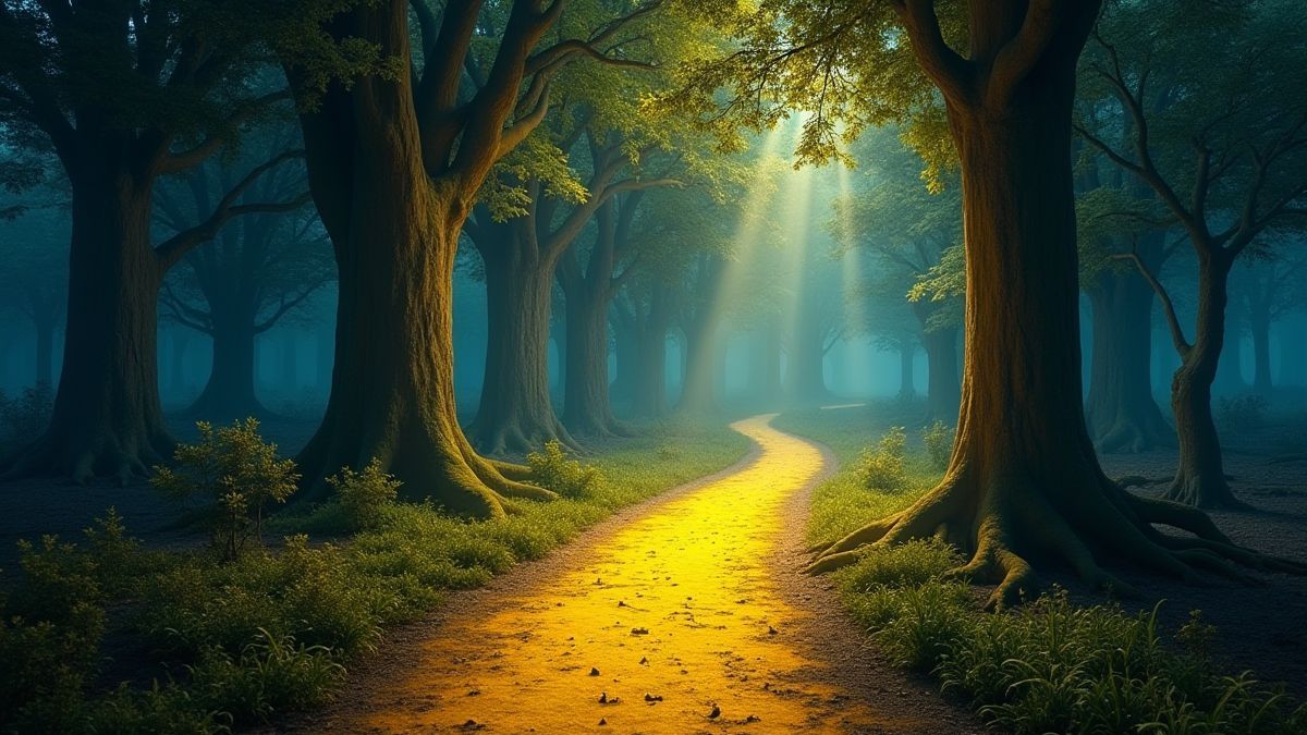Um bosque encantado com árvores luminosas e um caminho de tijolos amarelos.