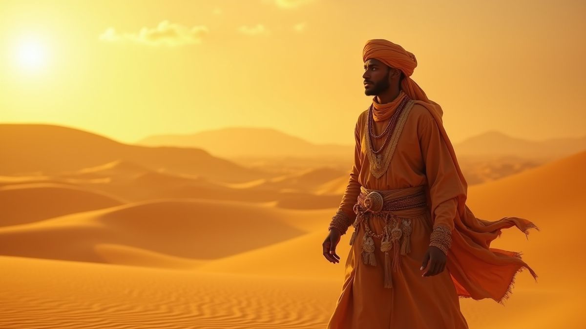 Un comerciante Tuareg en el desierto del Sahara rodeado de elementos místicos.