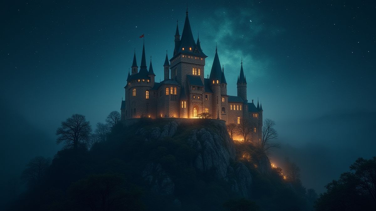 Un château médiéval avec une aura mystérieuse sous un ciel étoilé.