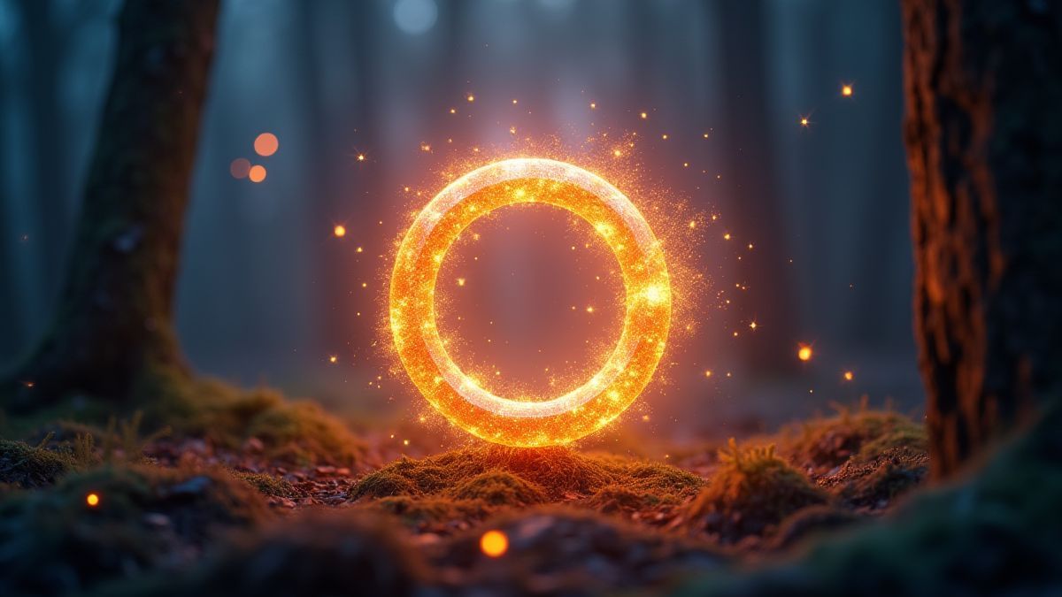 Un anneau magique entouré d'énergie brillante, flottant dans une forêt mystique.