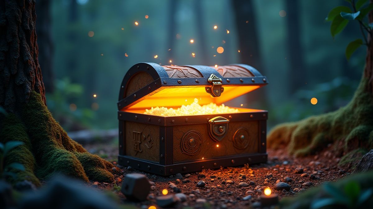 Magische schatkist omringd door bos elementen.
