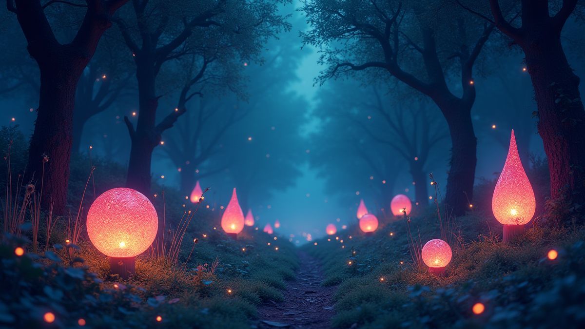 Magisch bos met gloeiende planten en fonkelende sterren.
