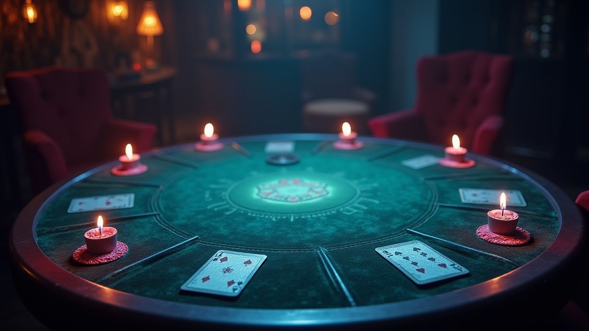 Magischer Pokertisch mit leuchtenden Lichtern und verzauberten Karten.