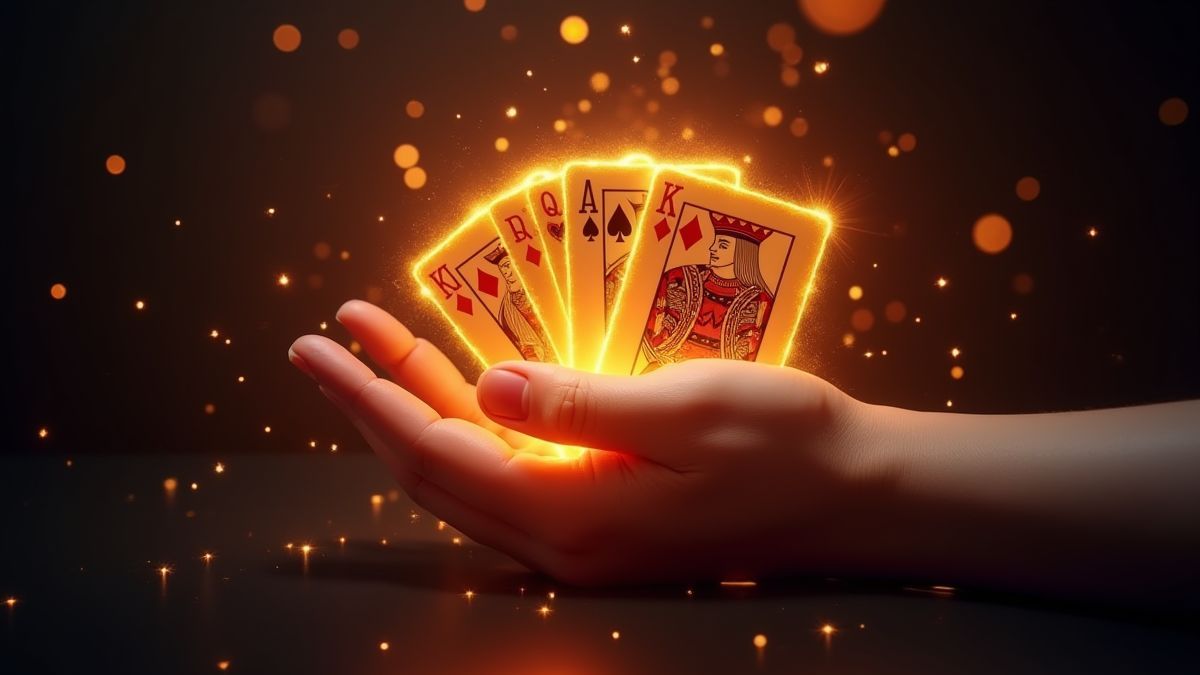 Eine Pokerhand mit einer Royal Flush umgeben von magischen Funkeln.