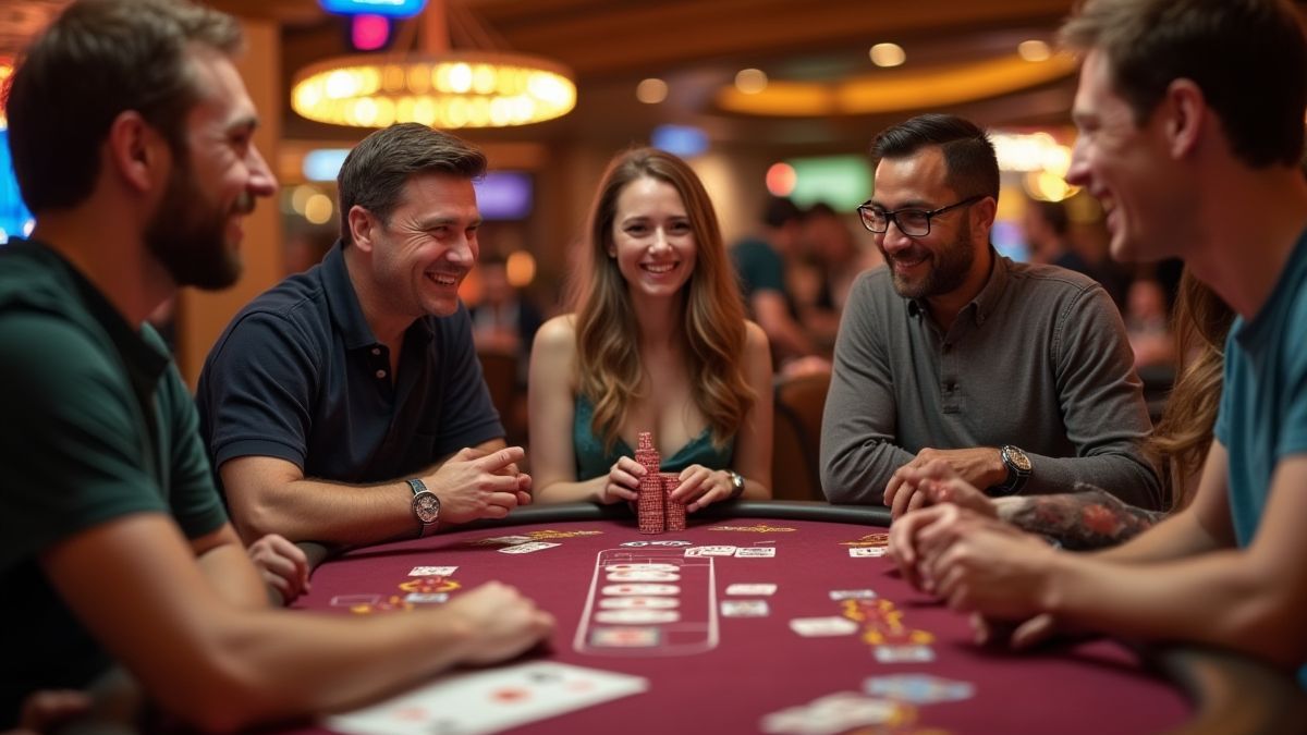 Gruppe von Spielern, die Magic Poker in einem lebhaften Casino genießen.