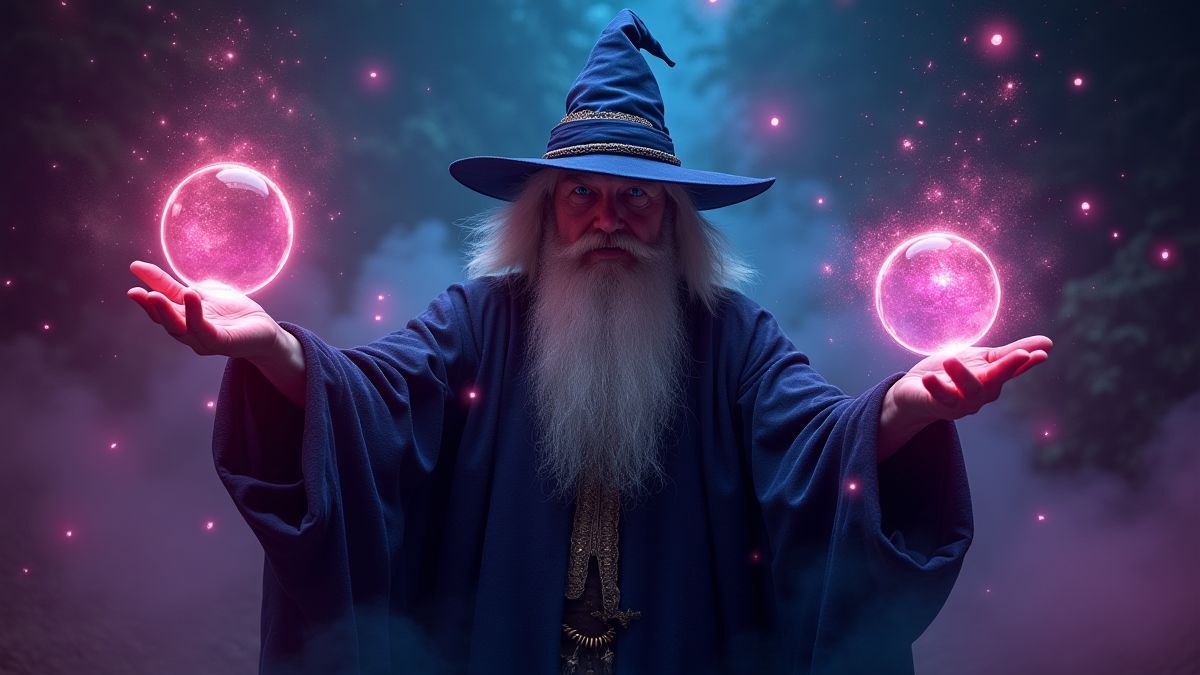 Un mago lanzando hechizos con orbes mágicos flotando a su alrededor.