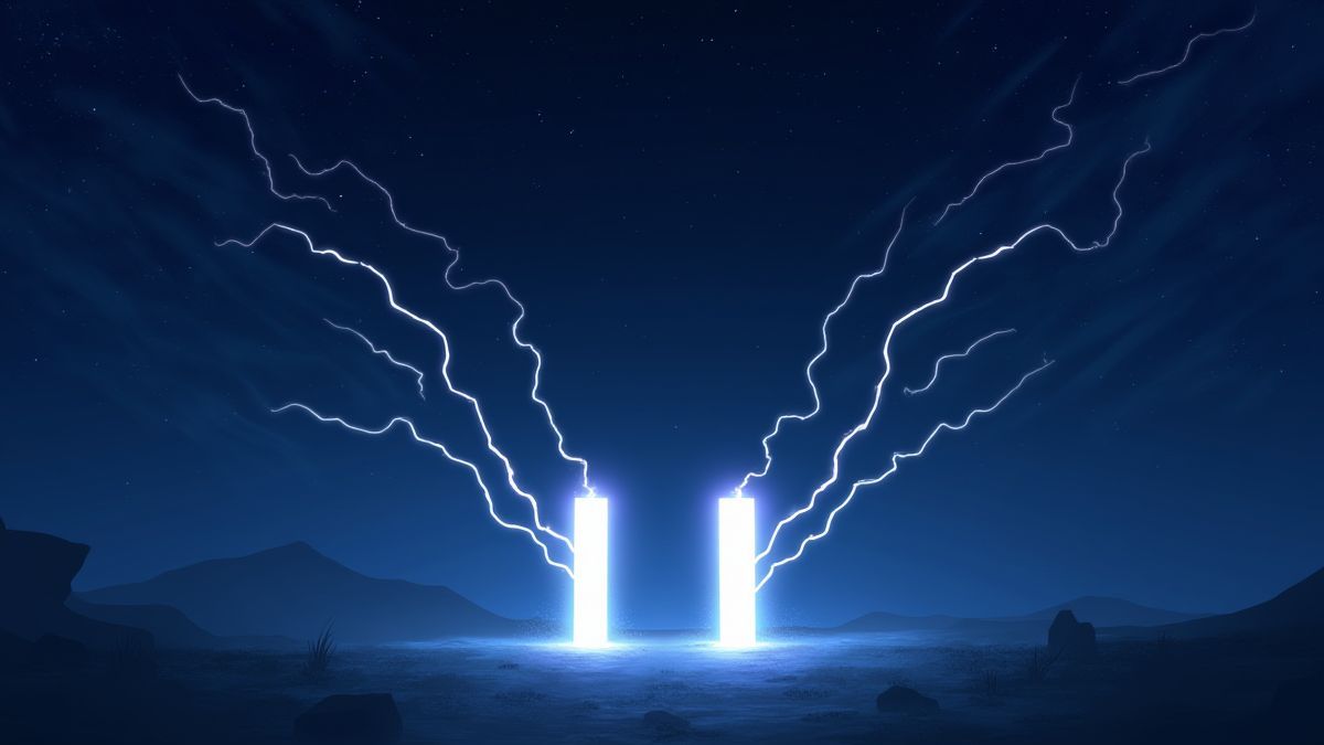 Un cielo nocturno con dos portales brillantes rodeados de rayos.