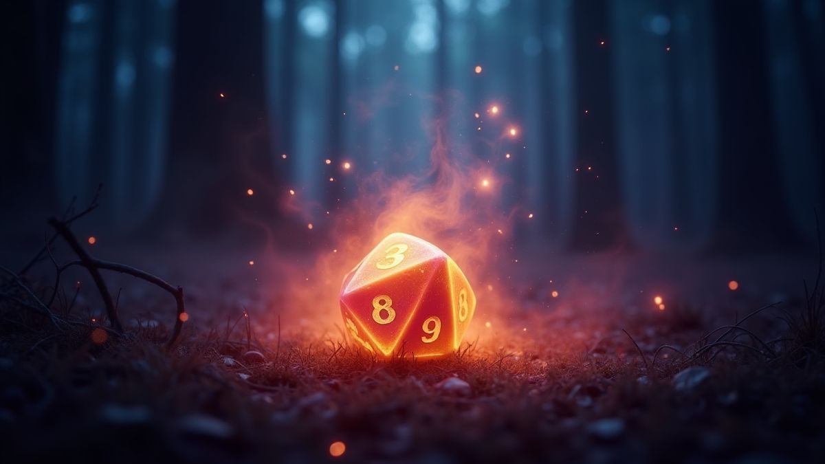 Dés lumineux entourés d'une aura magique dans une forêt enchantée.