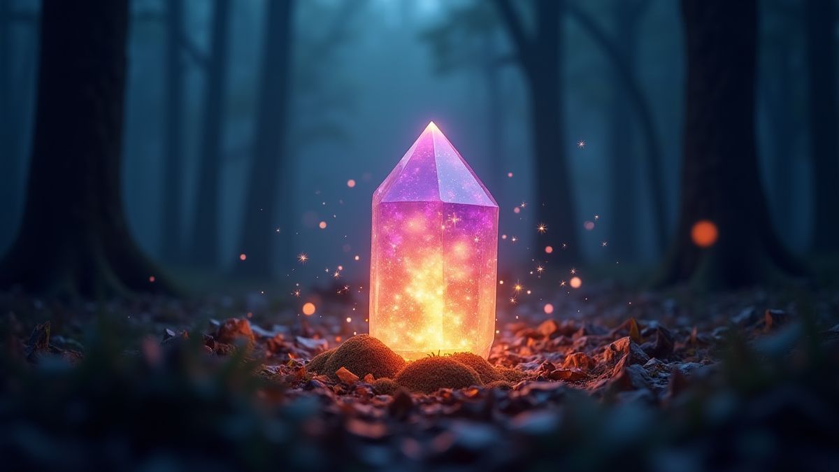 Un cristal magique brillant entouré de destellos dans une forêt mystique.
