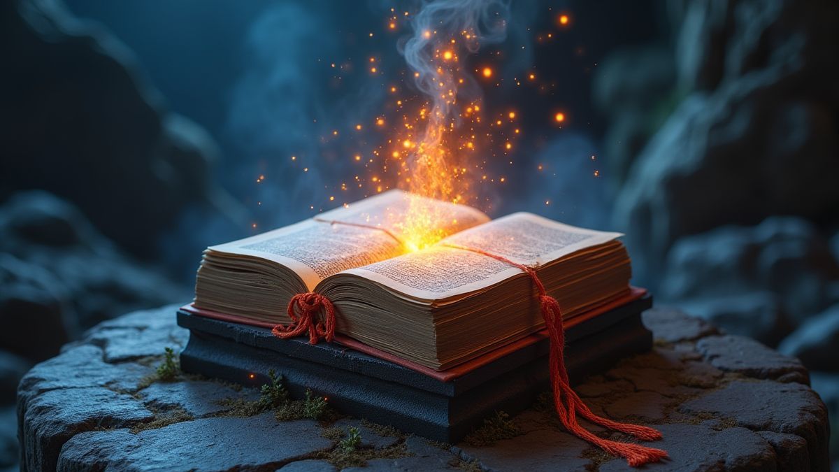 Un tome magique avec des runes brillantes sur un piédestal.
