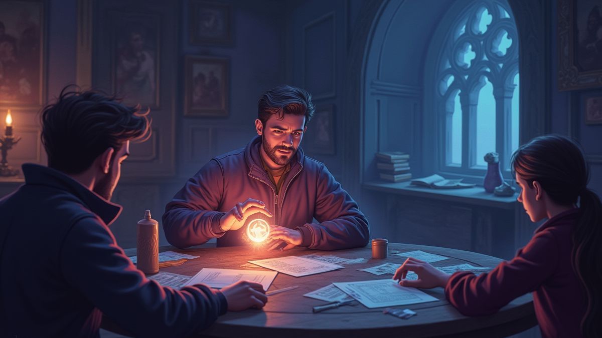 Un joueur tenant un orbe magique brillant tout en planifiant sa stratégie.