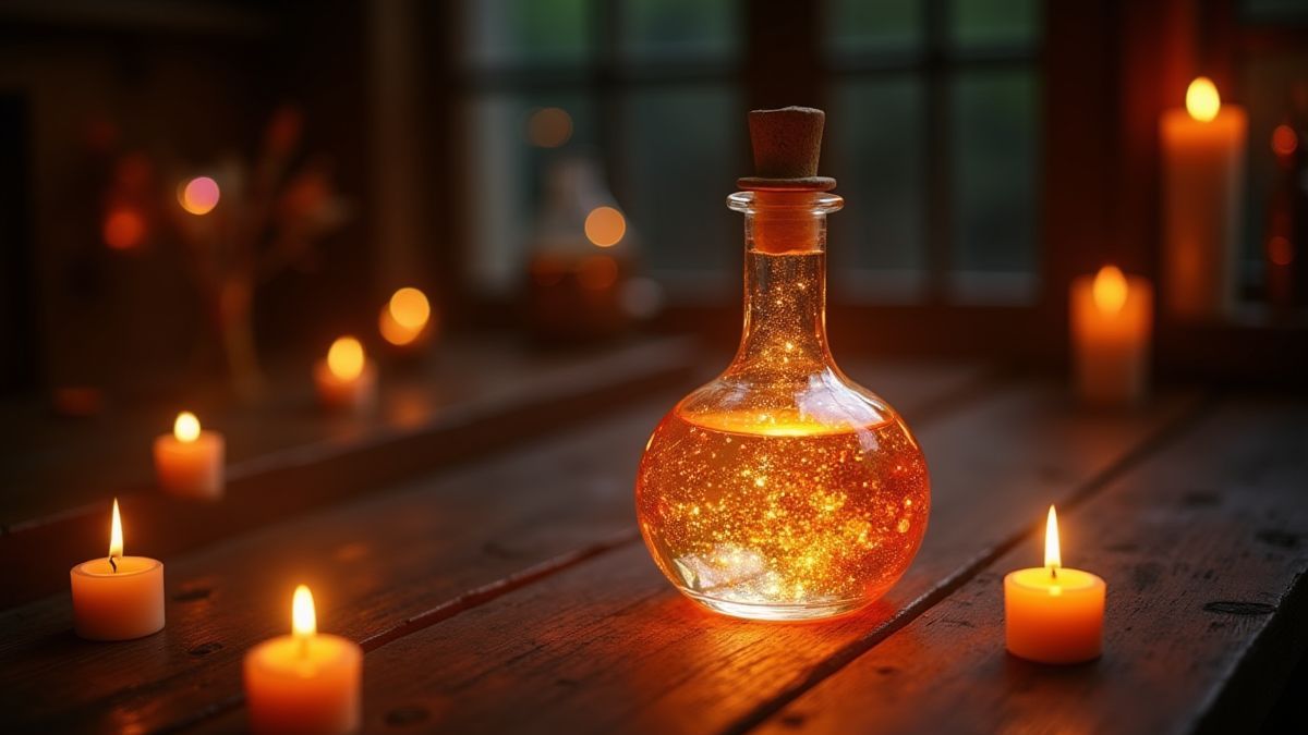 Eine glitzernde Trankflasche auf einem Holztisch, umgeben von Kerzen.