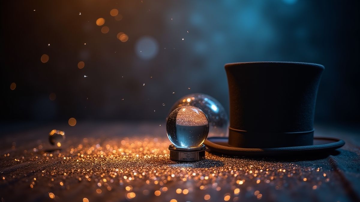 Shining stage with magic elements like a hat and a crystal ball.